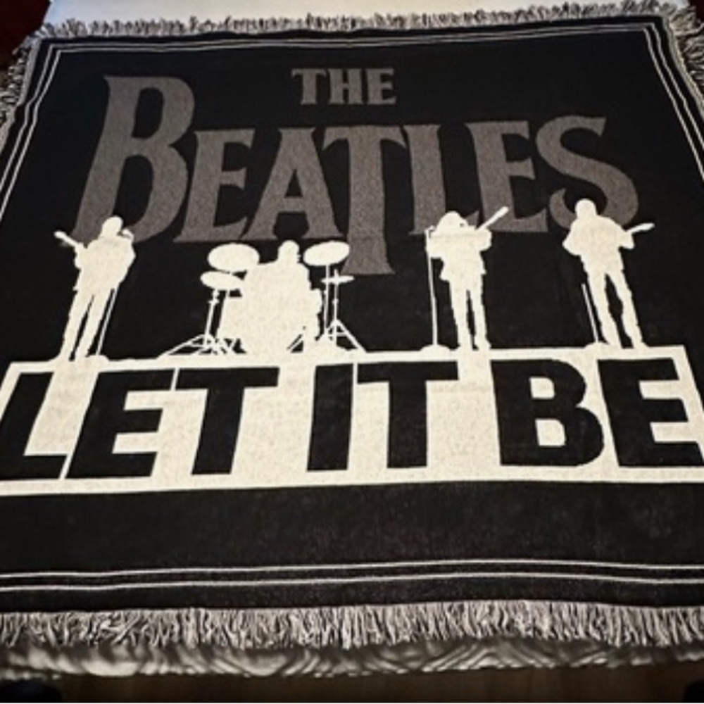 The Beatles Let it Be black and white tapestry and fringe throw NWOT